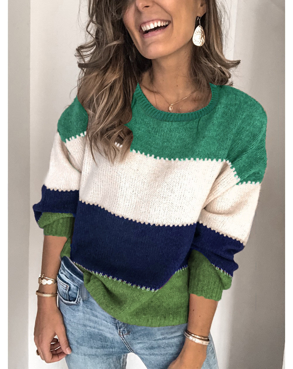 Women's Crew Neck Mid-length Loose Knitted Large Women's Sweater