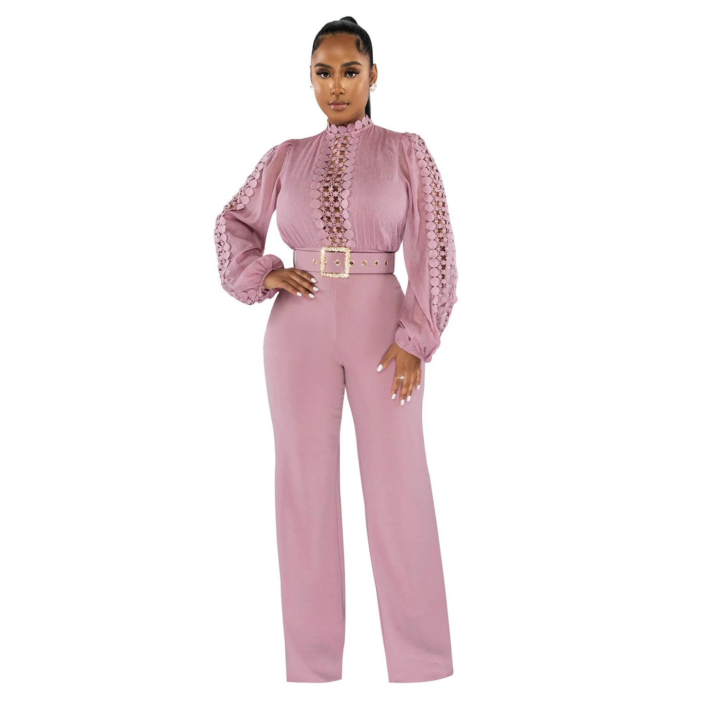 Women's Wear Belt Lace Cutout Solid Color Suits