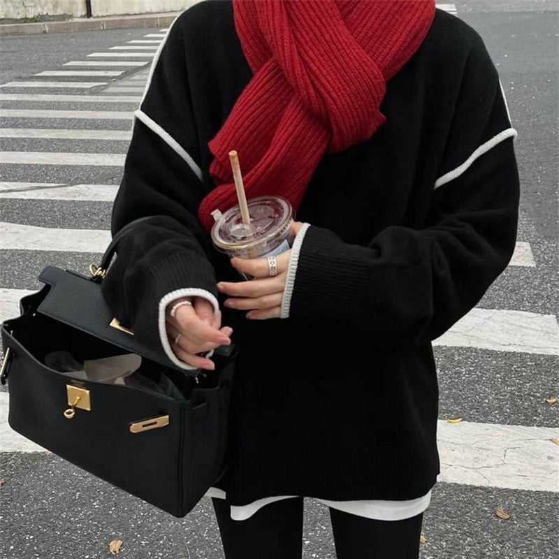 Women's Style Artistic Retro Loose Simple Round Neck Design Contrast Color Women's Sweater