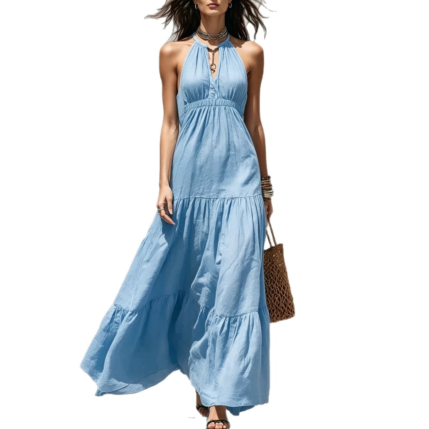 Women's High Waist Stitching Cotton Linen Holiday Dress