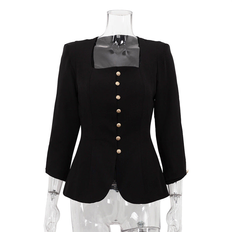 Style High-grade Square Collar Slimming Black Coats