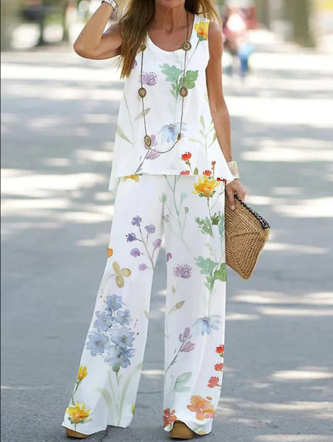 Women's Color Printed Casual Sleeveless T-shirt Trousers Suits