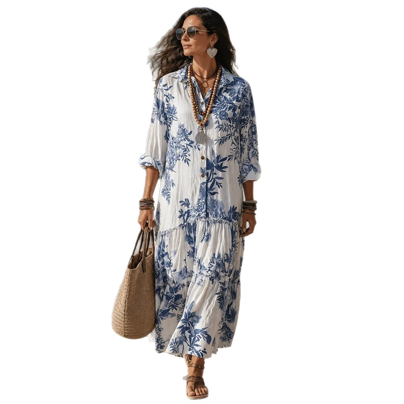 Plant Floral Print Long Sleeve Shirt Pleated Expansion For Dress