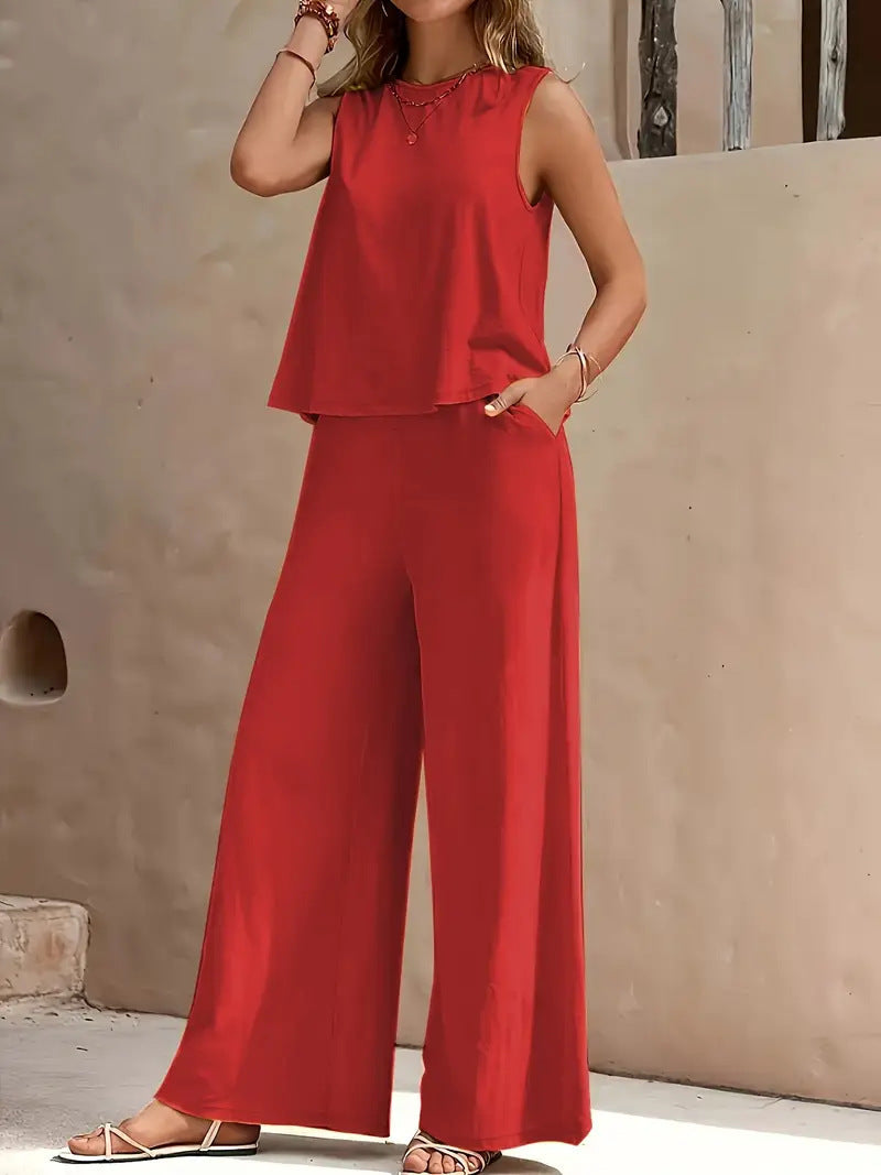 Women's Round Neck Wide Leg Cotton Linen Fashion Casual Suit