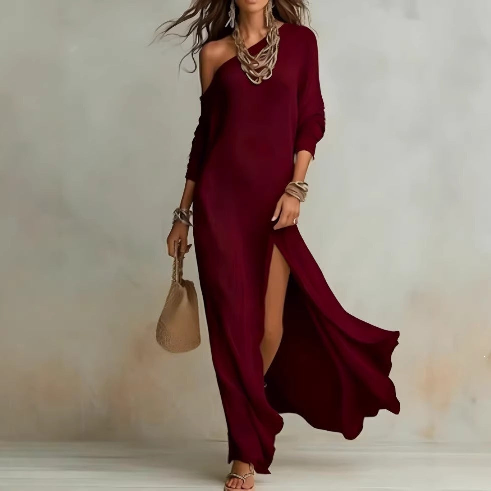 Women's Summer Elegant Long-sleeved Knitted Fold Split Dress