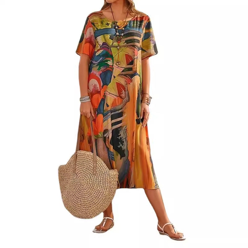 Casual Printing Summer Short-sleeved Waist Round Neck Loose Dress
