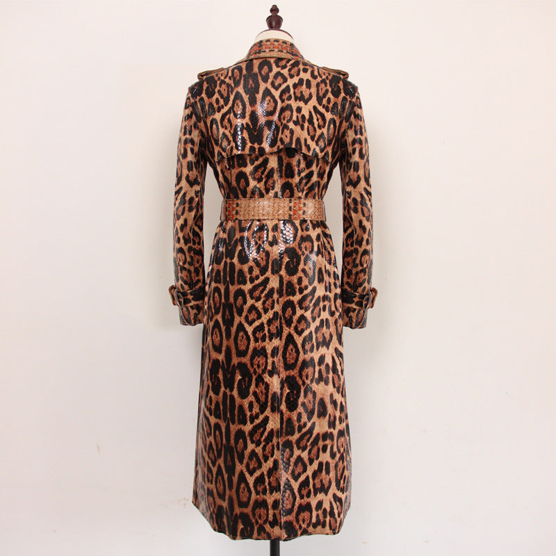 Women's Leopard Print Long Trench Goddess Sleeve Coats