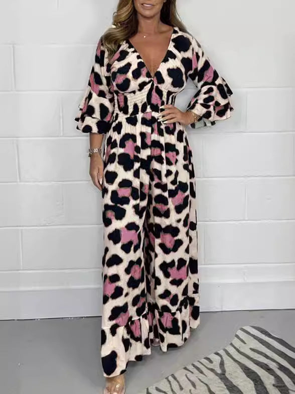 Women's Fashion Leopard Print Printed Casual Elastic Jumpsuits