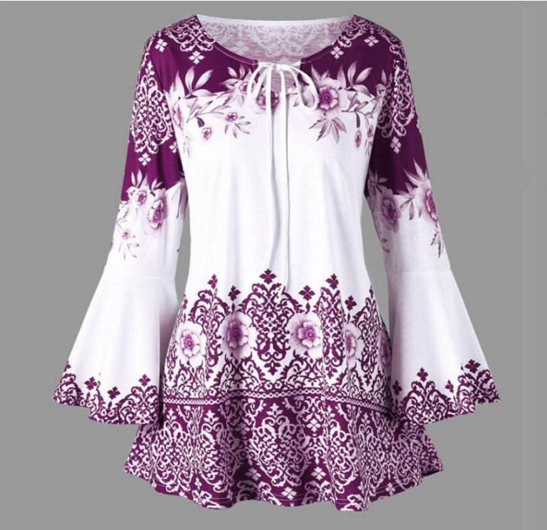 Women's Popular Print Long Horn Sleeve T-shirt Blouses