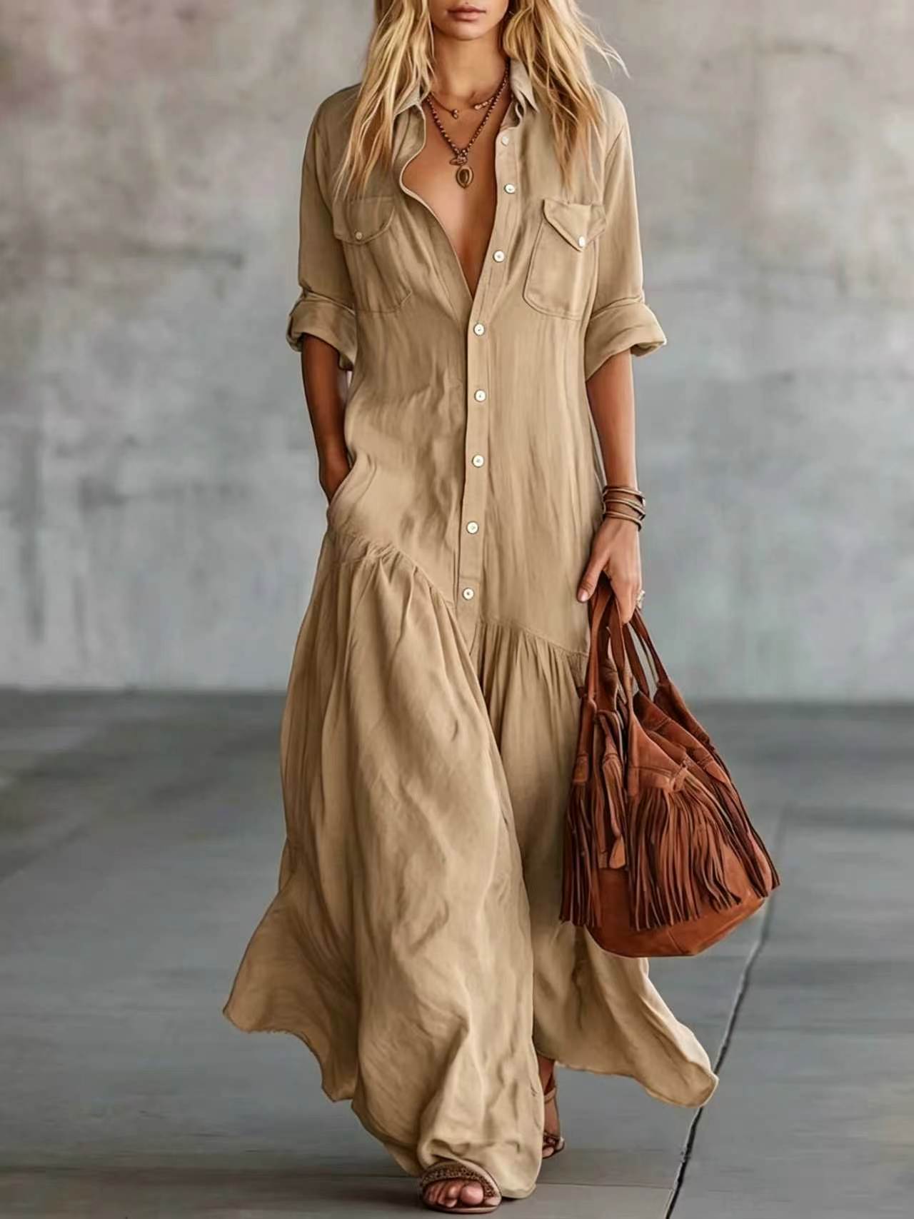 Women's Breasted Sleeve Casual Vacation Style Solid Color Dress