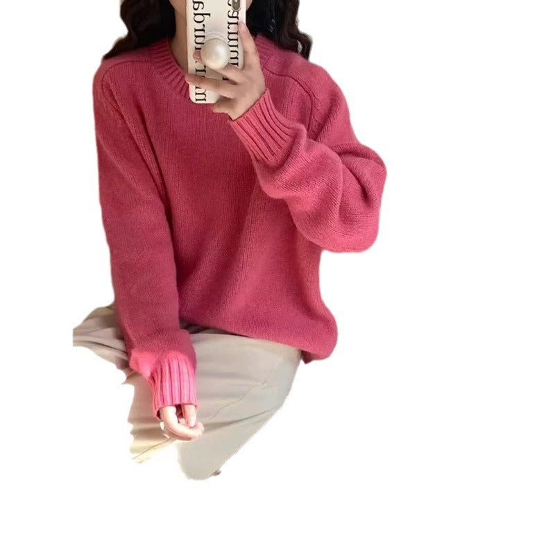 Women's Retro Lazy Style Solid Color Round Neck Loose Pullover Sweater
