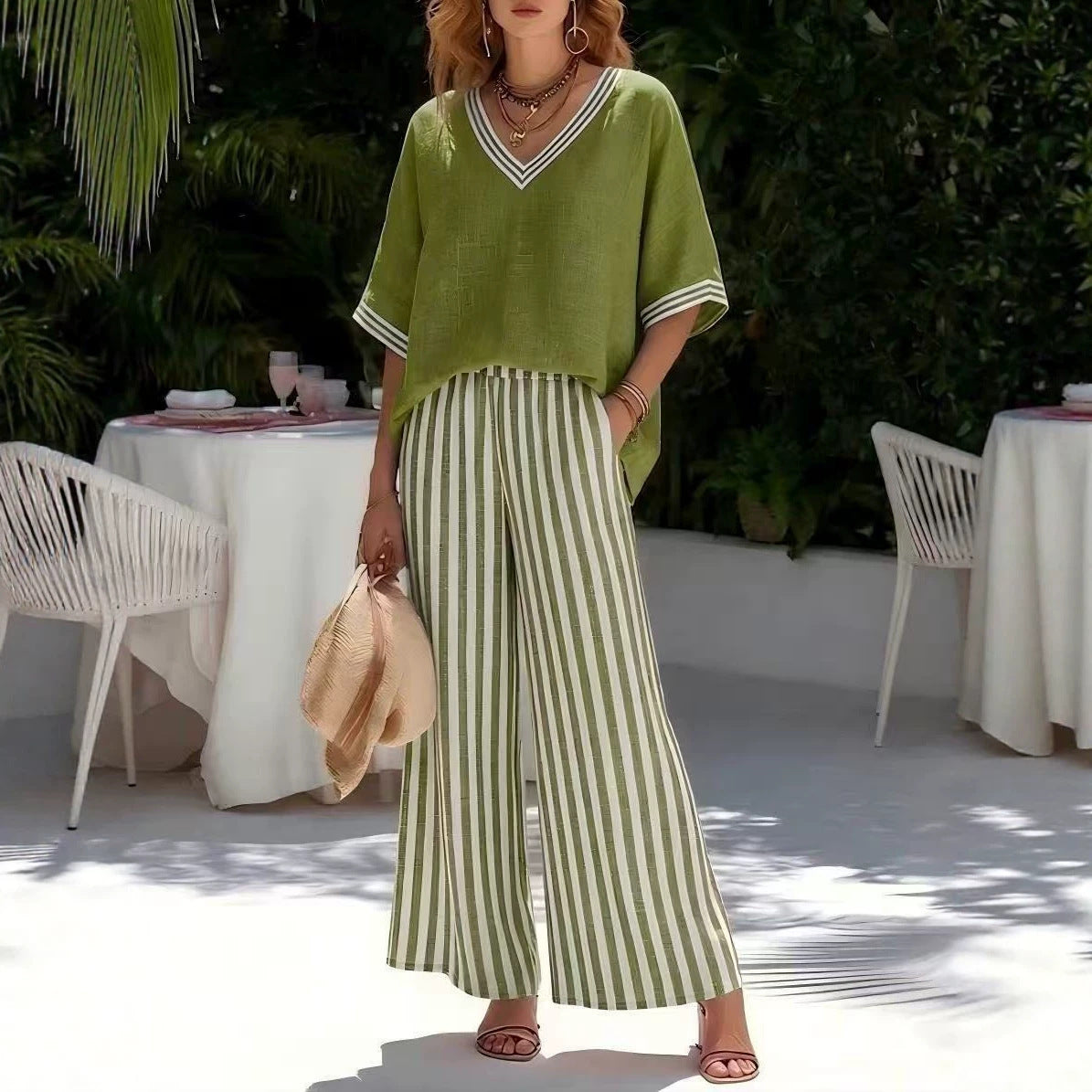 Women's Summer Cotton Linen Loose Sleeve Striped Two Fashion Casual Suit