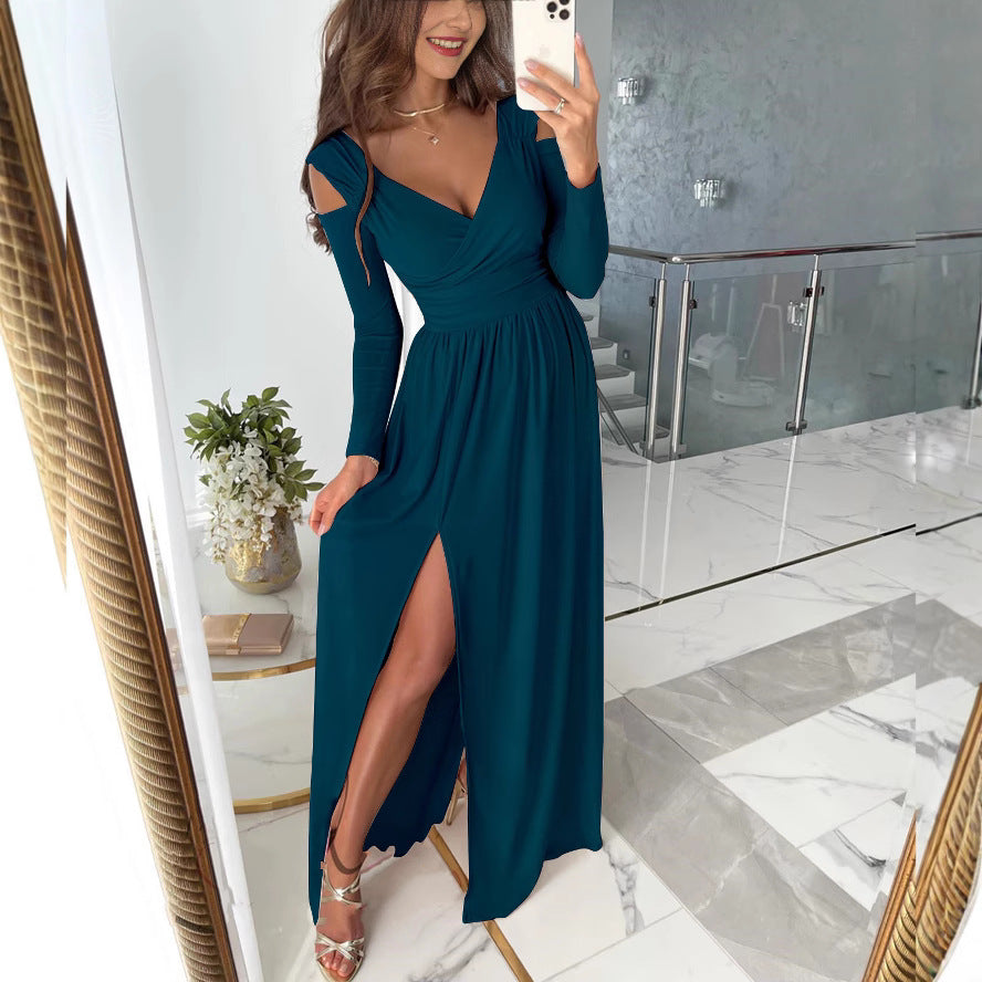 Women's Long-sleeved Solid Color Hem Split Dress