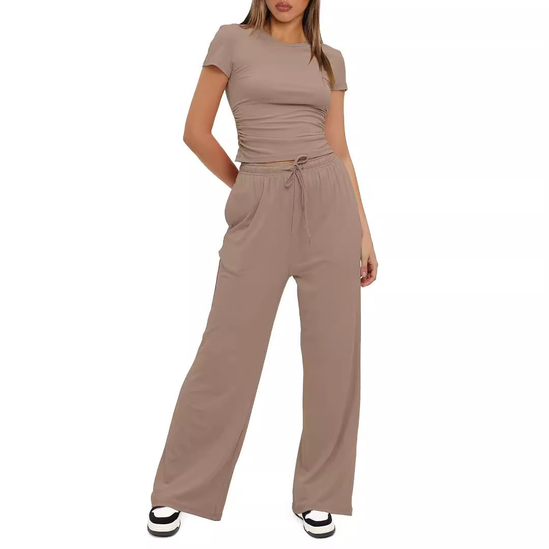 Color Pleated Sleeve High Waist Wide Tops