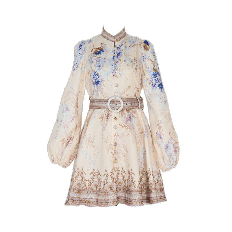 Design High Version Single-breasted Stand-up Collar Puff Sleeve Dresses