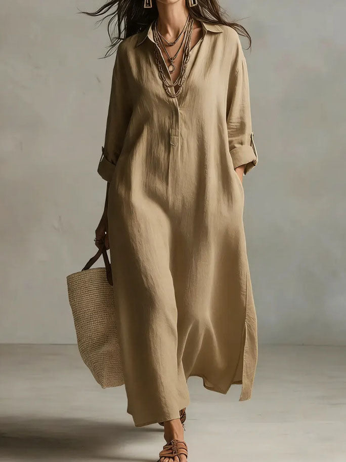 Solid Color Polo Collar Casual Long Sleeve Shirt Idle Dress