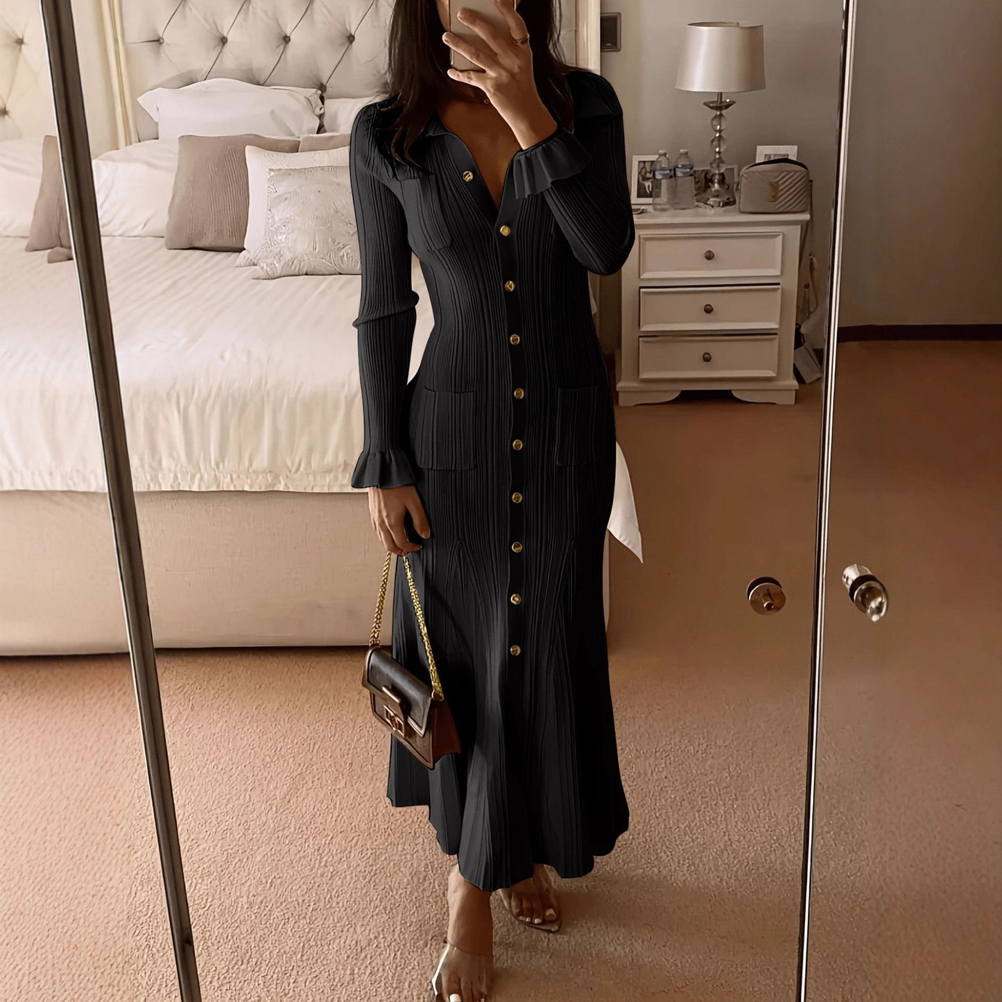 Women's French Lapel Solid Color Elegant Knitted Dress