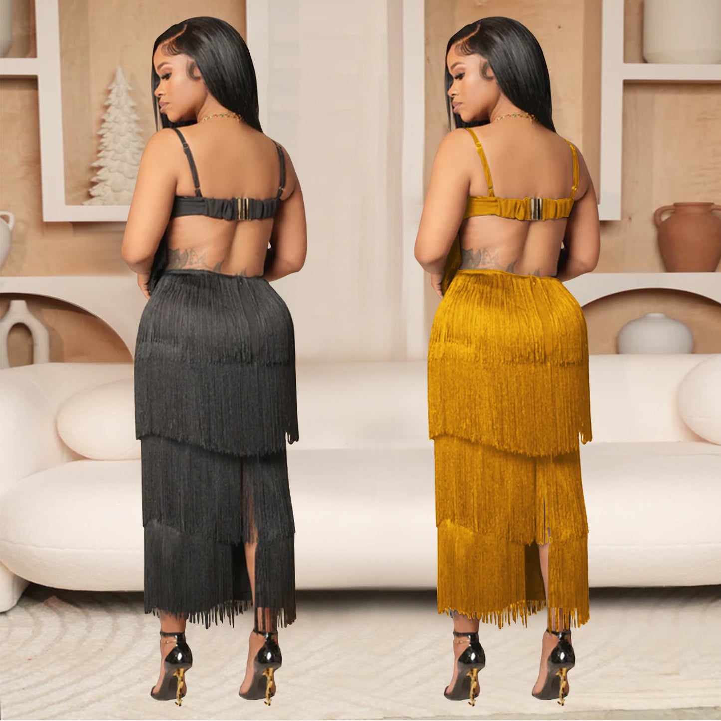 Women's Wear Sexy Strap Backless Tassel Long Dresses