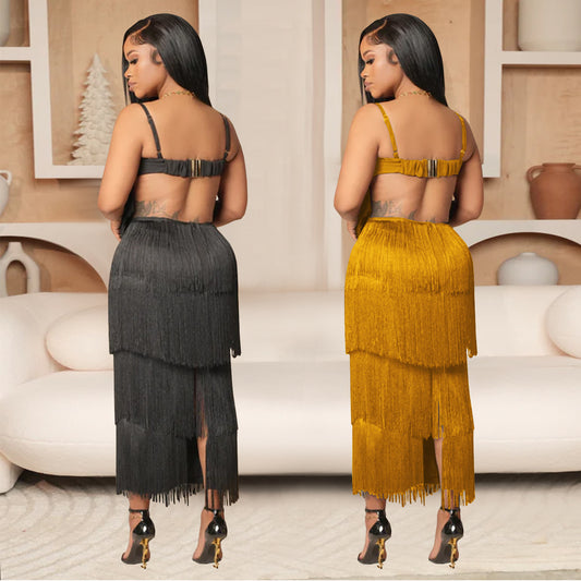 Women's Wear Sexy Strap Backless Tassel Long Dresses