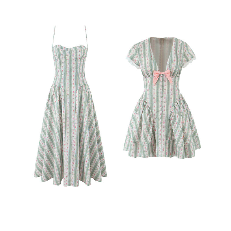 Women's Fashion Sweet French Green Striped Cotton Dresses