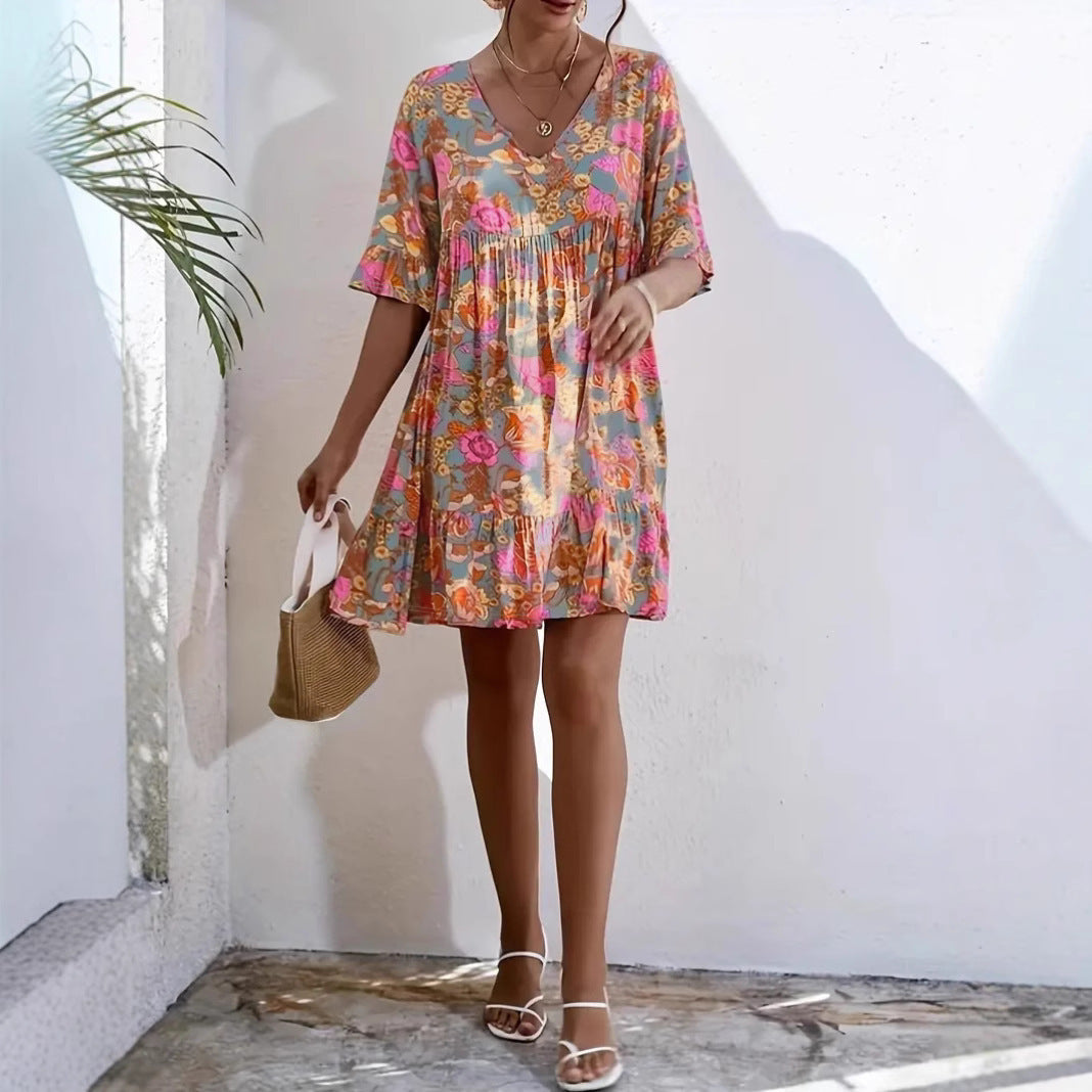 Women's Summer Casual Flower Print Bohemian Style Dress