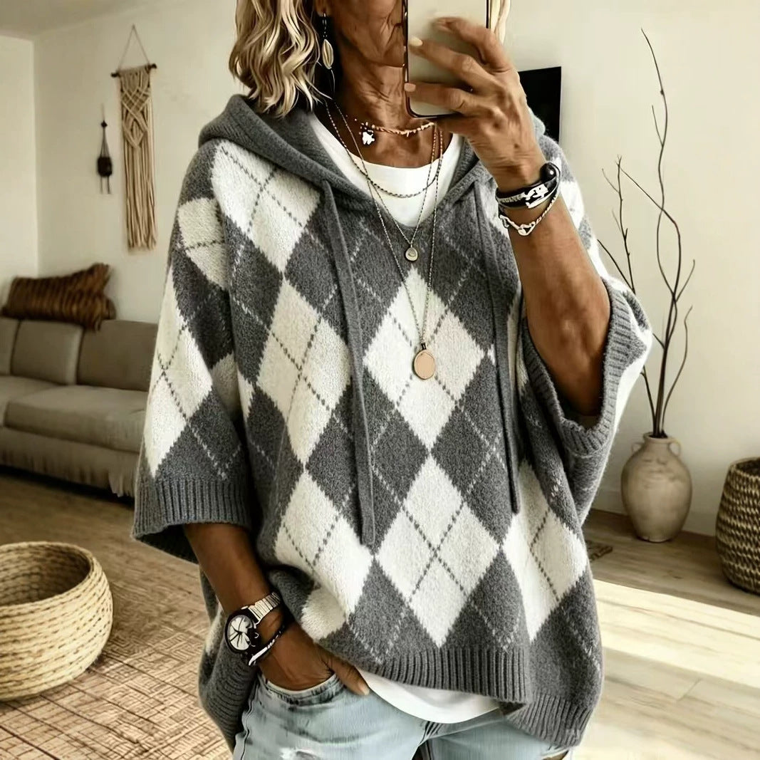 Knitted Plaid Printed Casual Hooded Drawstring Tops