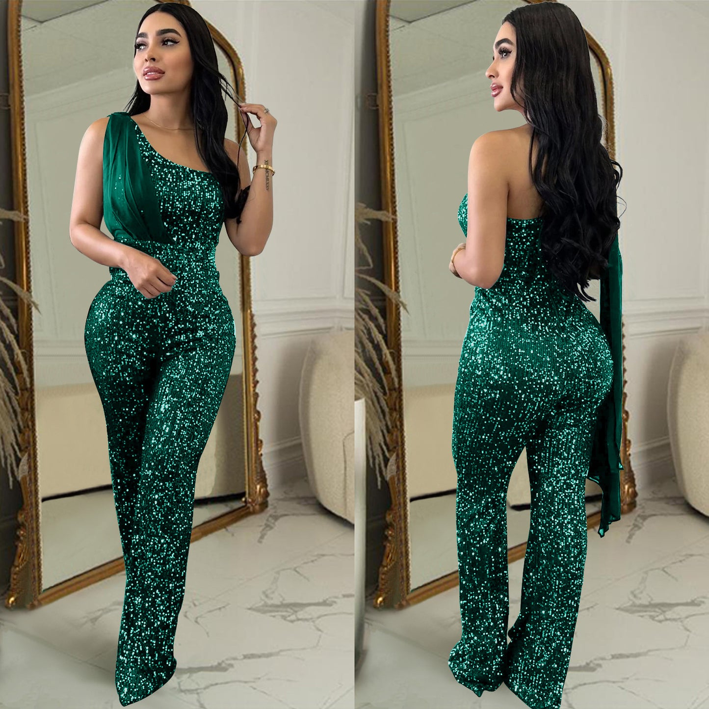 Women's Fashion Wear Solid Color Sleeveless Sequined Jumpsuits