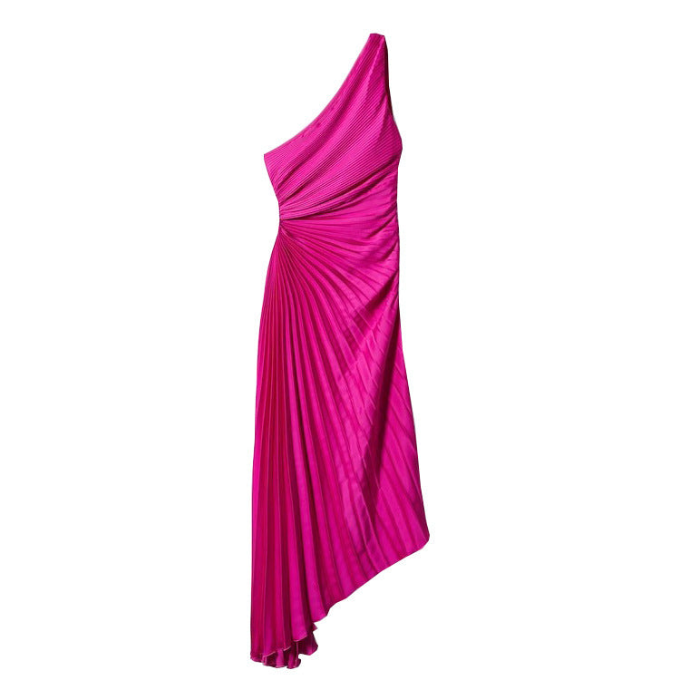 Women's Fashion Solid Color Casual Sexy Temperament One Shoulder Diagonal Evening Dresses