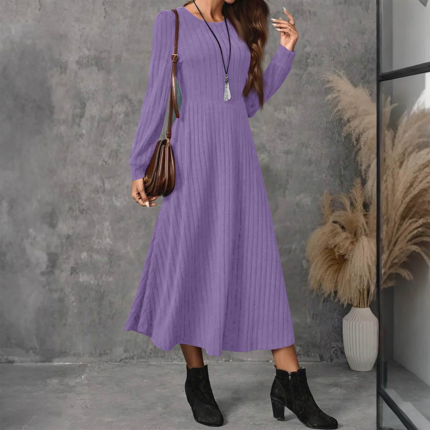 Ladies Fashion Round Neck Long Sleeve Solid Color Casual Sunken Dress