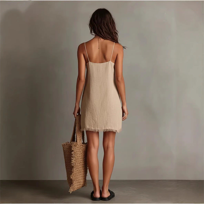 Vacation Home Strap Fringe Decoration Mini Solid Dress