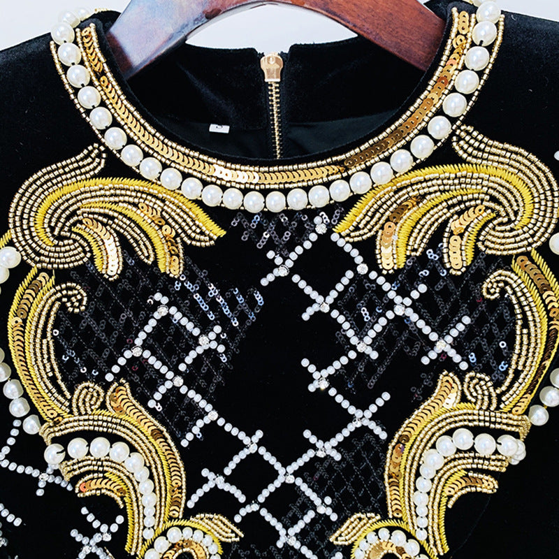 Diamonds Bead Long Sleeve Gold Veet Dress