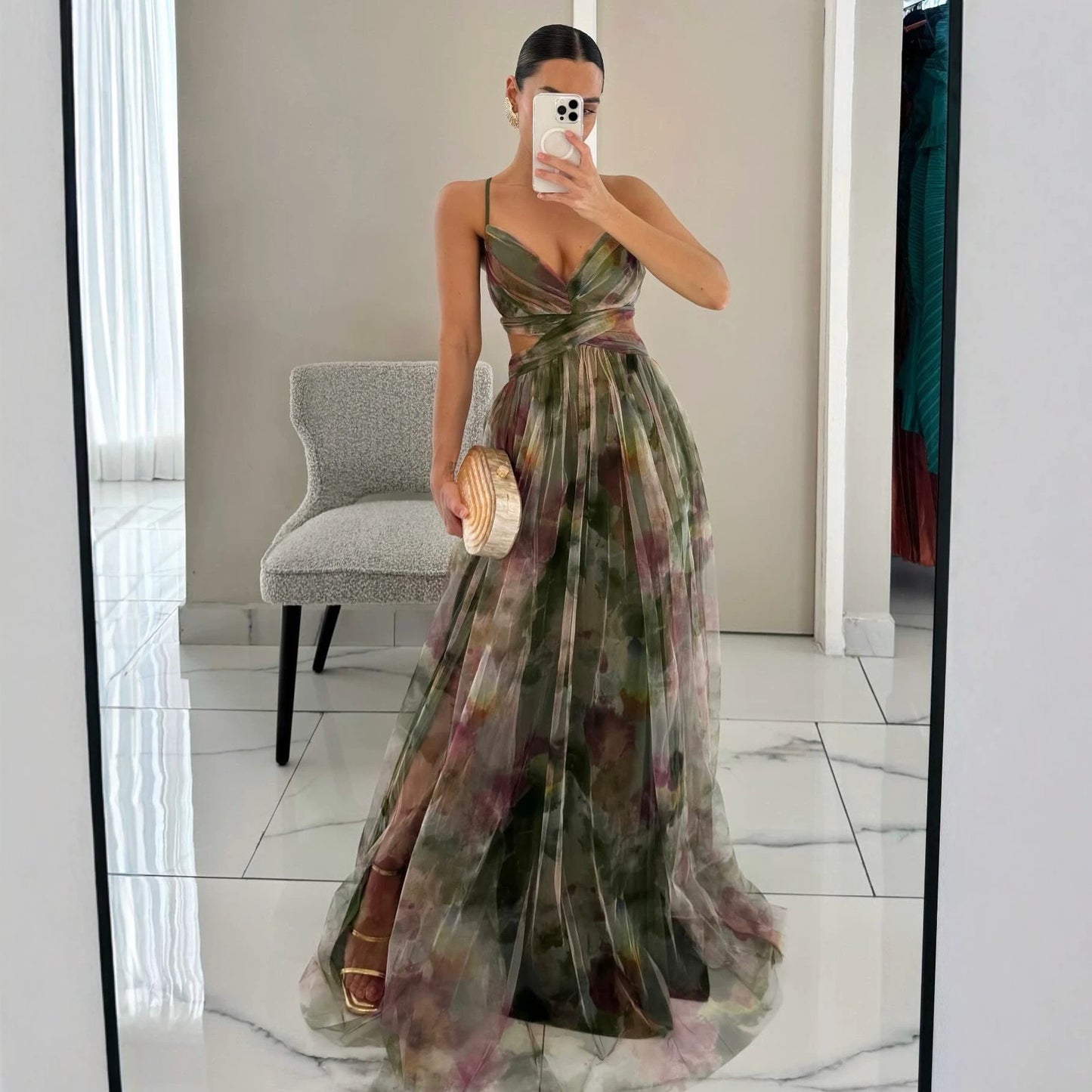 Mesh Printing Slip Holiday Leisure Party Dress