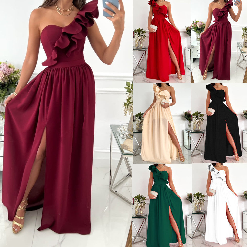 Women's Summer Sleeveless Shoulder Ruffled Slit Hemline At Dress