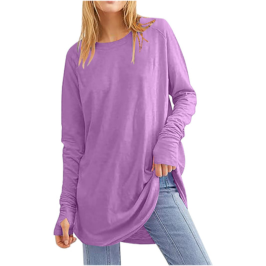 Women's Solid Color Loose Round Neck Long Sleeve With Blouses