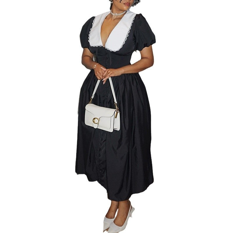 Women's French Fashion Puff Sleeve Temperament Black Dresses