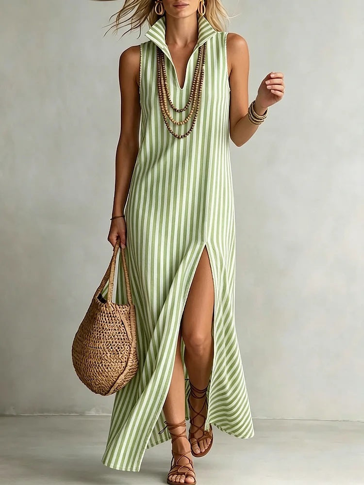 Striped Stand Collar Sleeveless Split Long Dress
