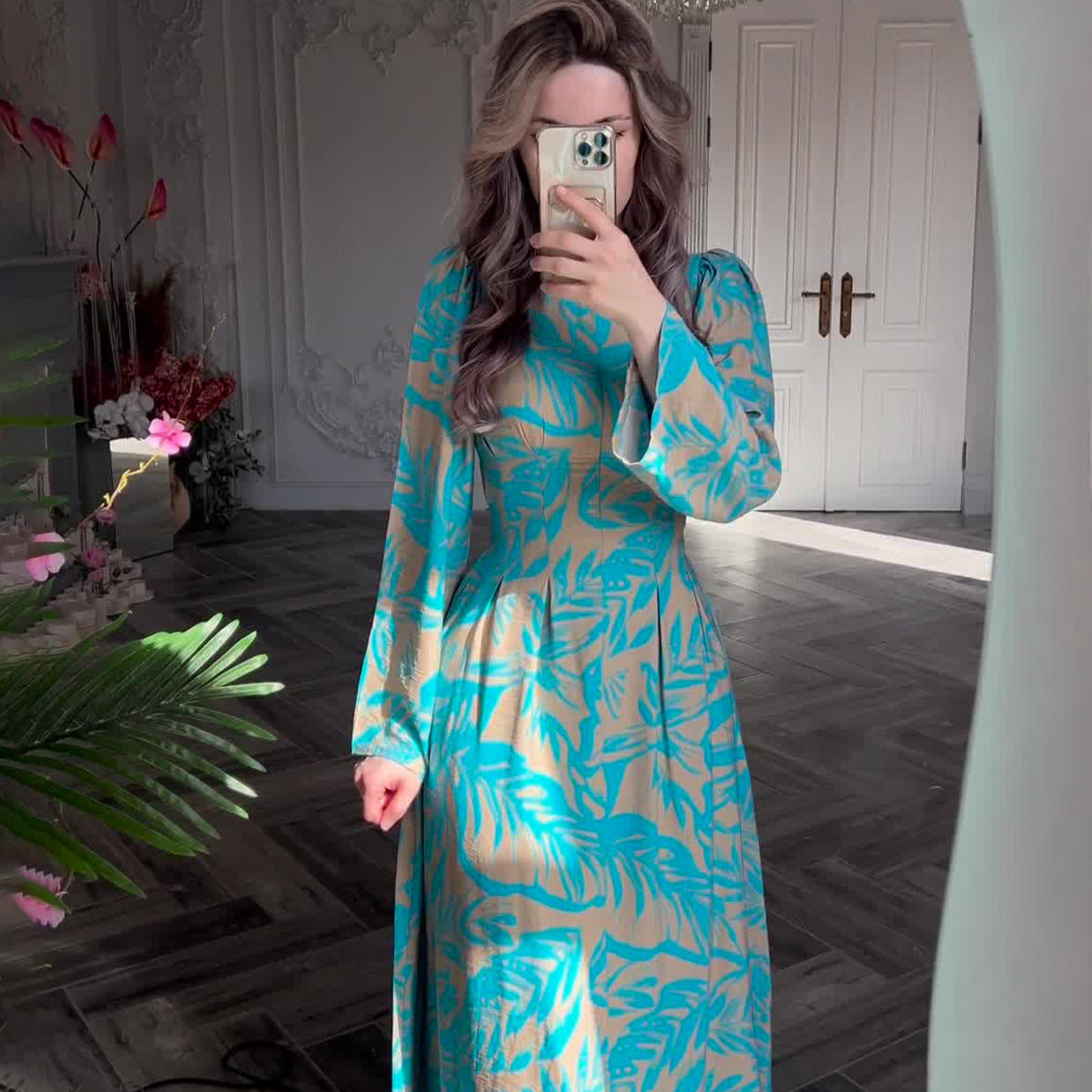 Women's Spring Printed Waist Slimming Exotic Long Dresses