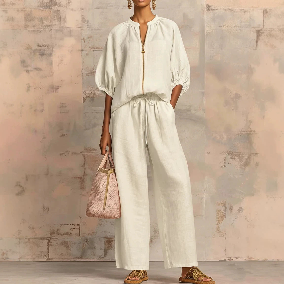 Loose Vacation Style Zipped Round Neck Wide Suits
