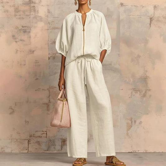Loose Vacation Style Zipped Round Neck Wide Suits