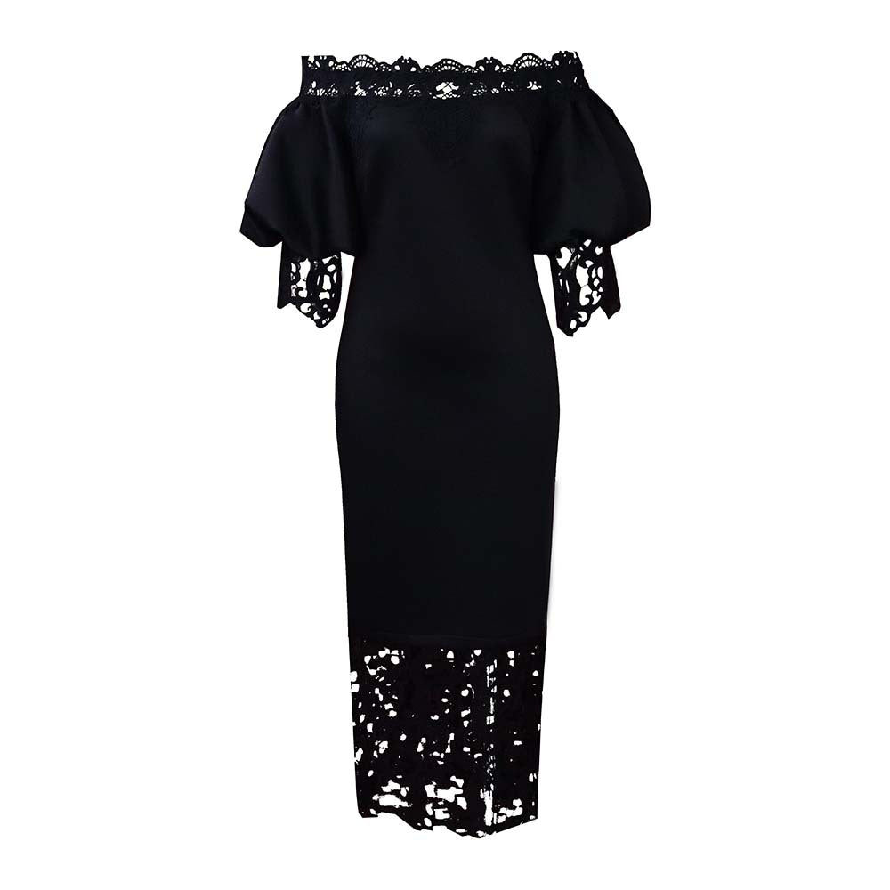 Women's Lace Stitching Banquet Dress Lantern Sleeve Dresses