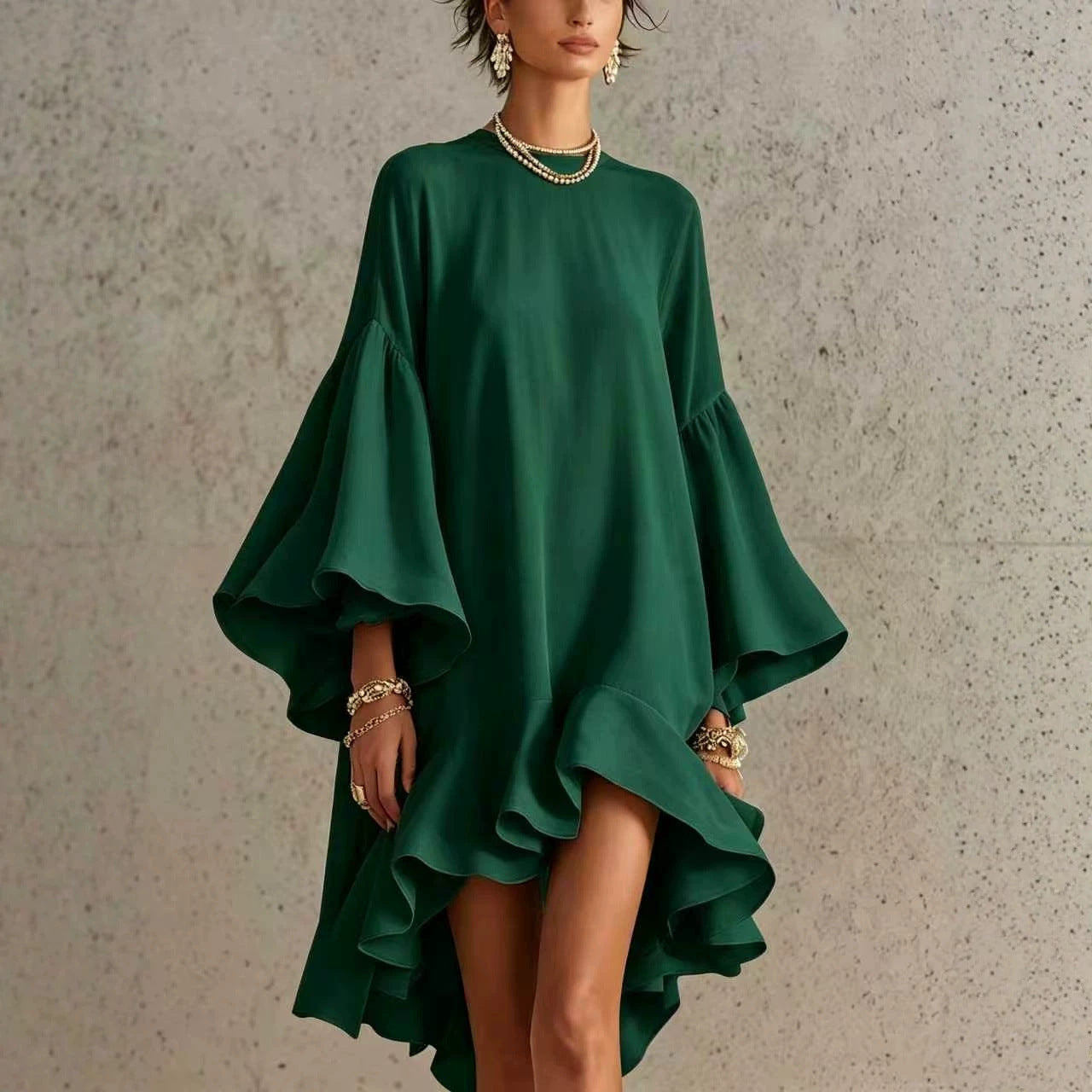 Color Round Neck Large Bell Sleeve Ruffled Dress