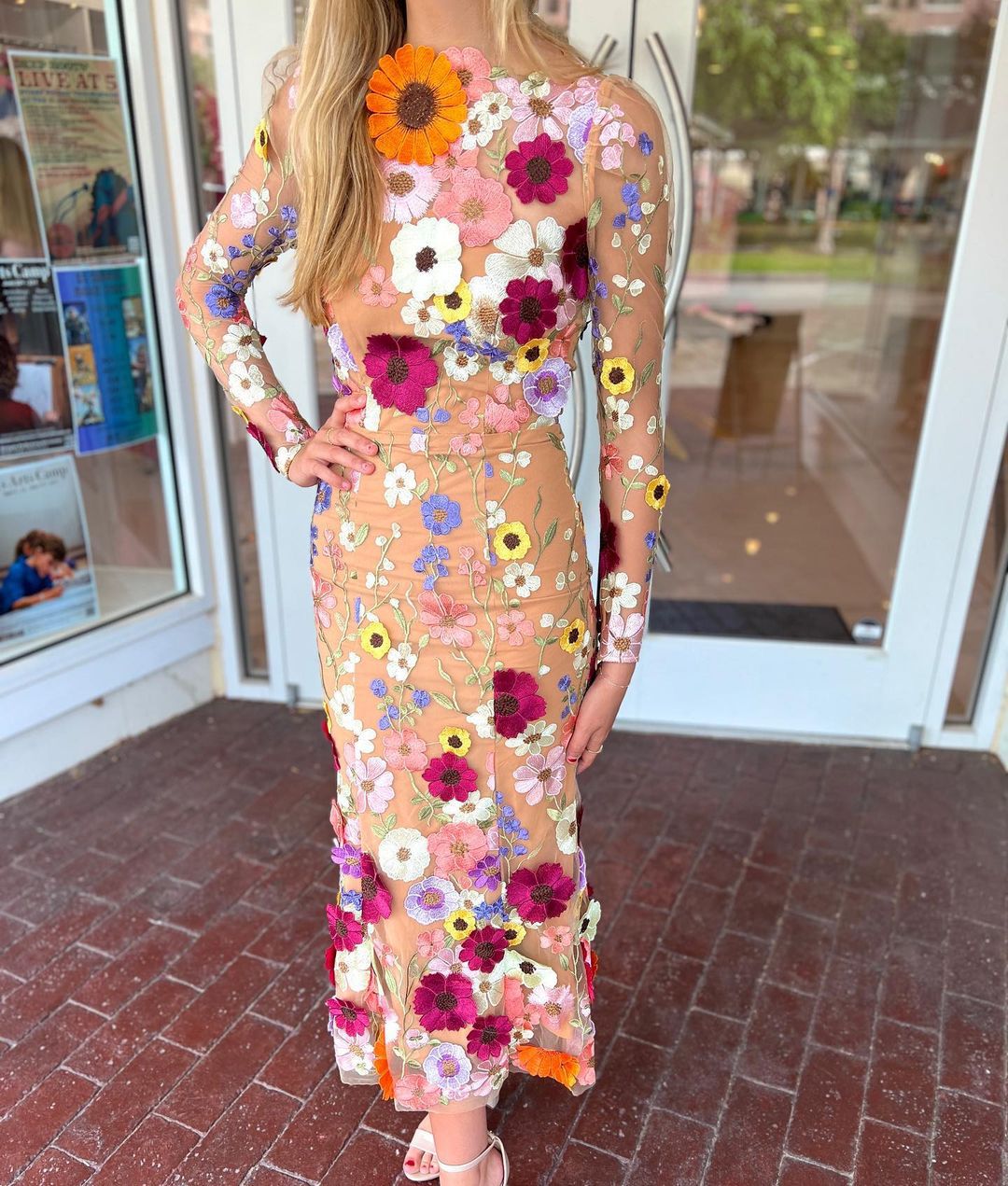 Neck Colorful Three-dimensional Flower Embroidery Mesh Slim Fit Sheath Fishtail Skirts