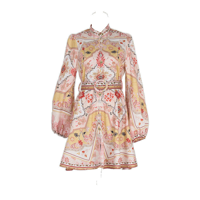 Design High Version Single-breasted Stand-up Collar Puff Sleeve Dresses