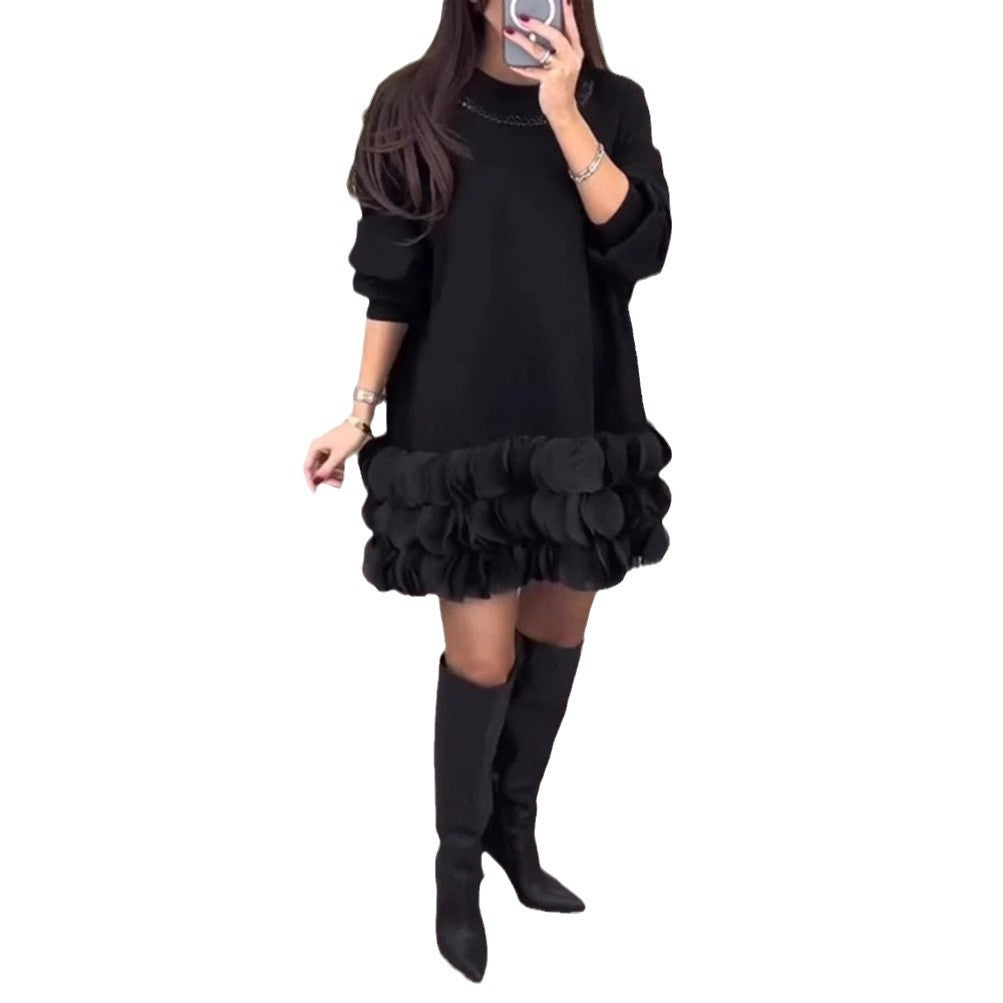 Women's Elegant Round Neck Long Sleeve Stitching Petal Dress