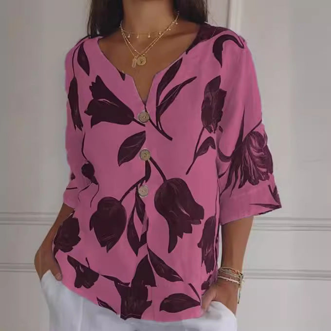 Women's Printed Cotton Linen Short-sleeved Pullover Shirt Blouses