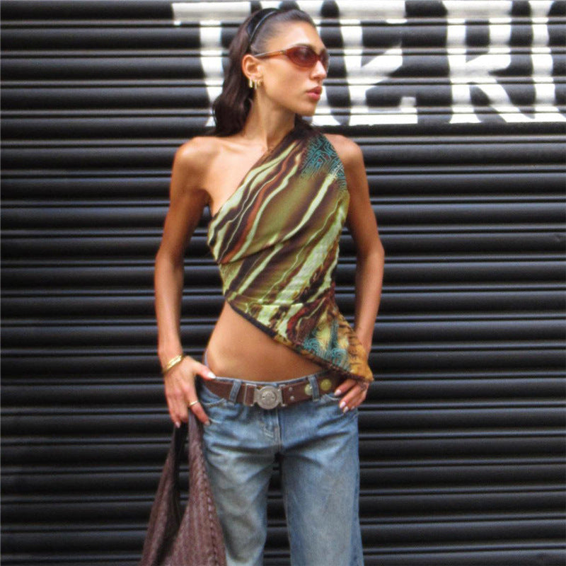 Women's Fashion Printed Shoulder Sleeve Bottom Slim Tops