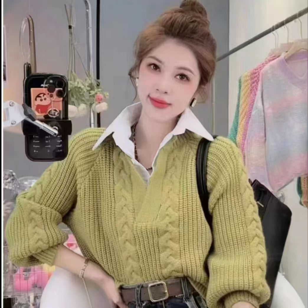 Women's Style Fake Two-piece Autumn Design Pullover Loose Slimming Sweater