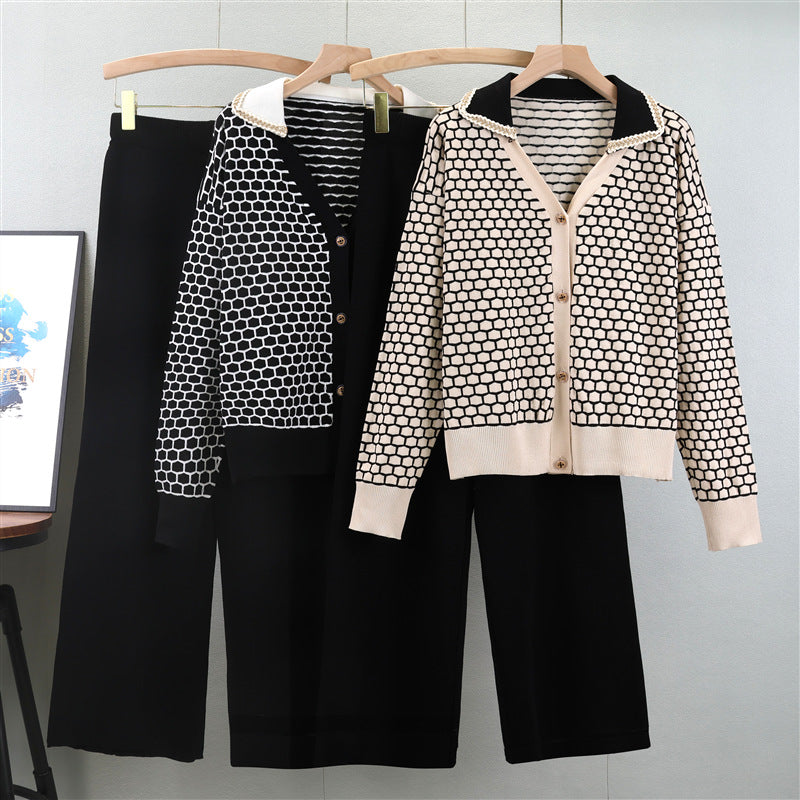 Women's Plaid Elegant Knitted Fashionable Wide Leg Fashion Casual Suit