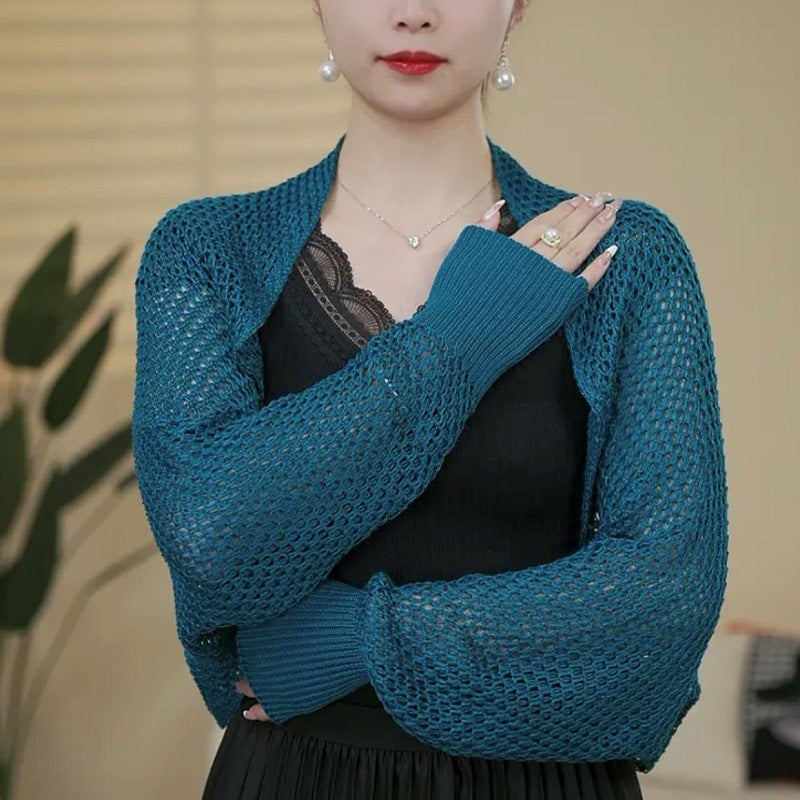 Women's Summer High-grade Long-sleeved Thin Hollow Knitted Small Blouses