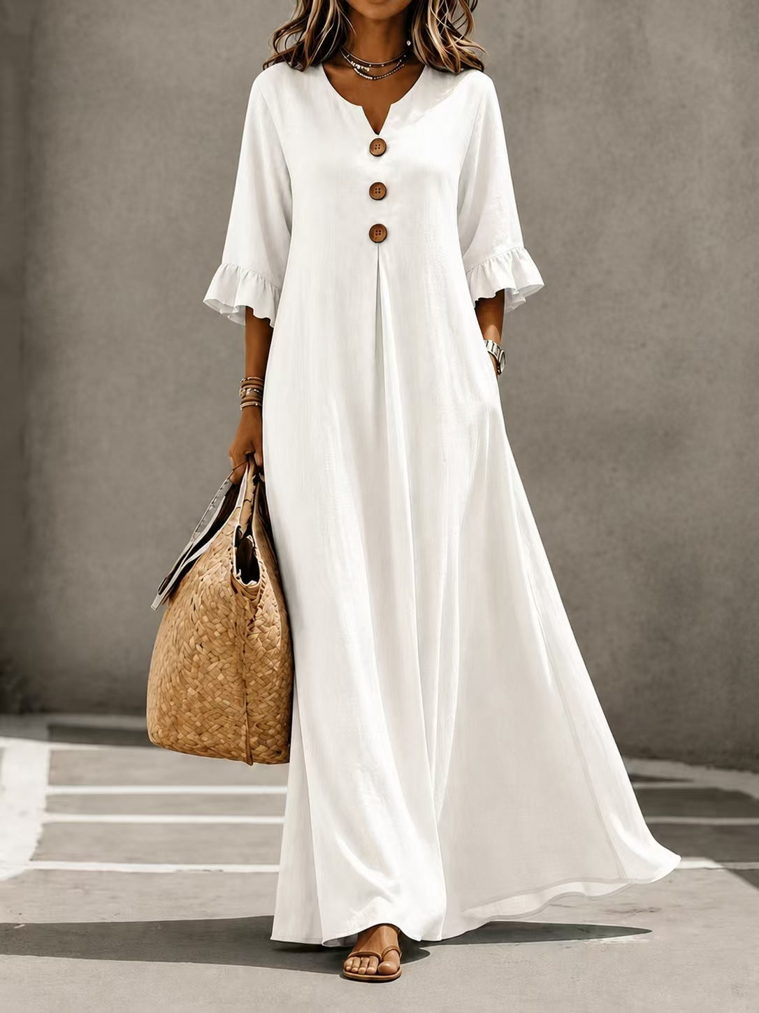 Women's Lotus Leaf Sleeve Pocket Long Fashion Dress